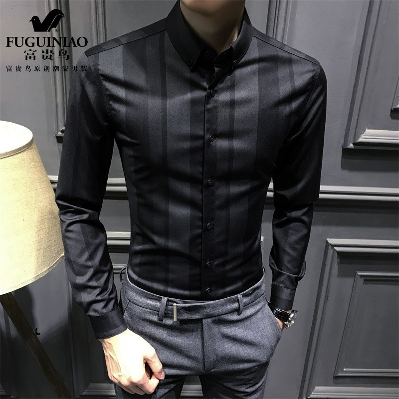 Rich Bird Autumn New Striped Shirt Men's Long Sleeve Korean Trend Slim Men's Shirt Casual Business Dress