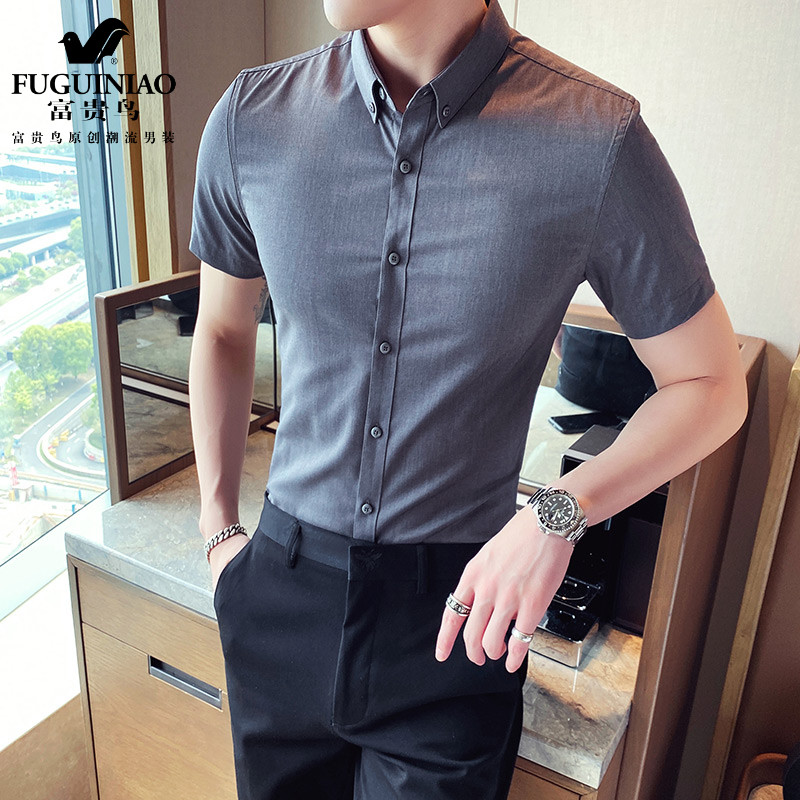Fugui Bird Summer Short Sleeve Shirt Men's Korean Version Tide repair Ironing Inn Wrinkle-resistant Casual Lining Clothing