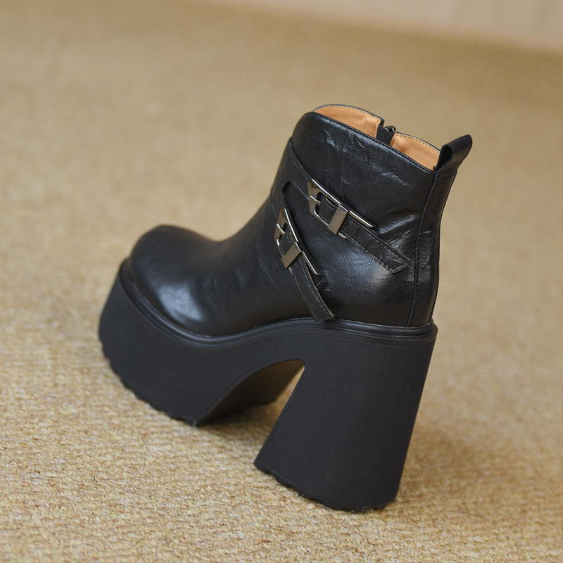 Misili Fashionable Pleated Thick-Heeled Short Boots 12cm High Heels 2026 Winter New Waterproof Platform Thick-Soled Women's Boots