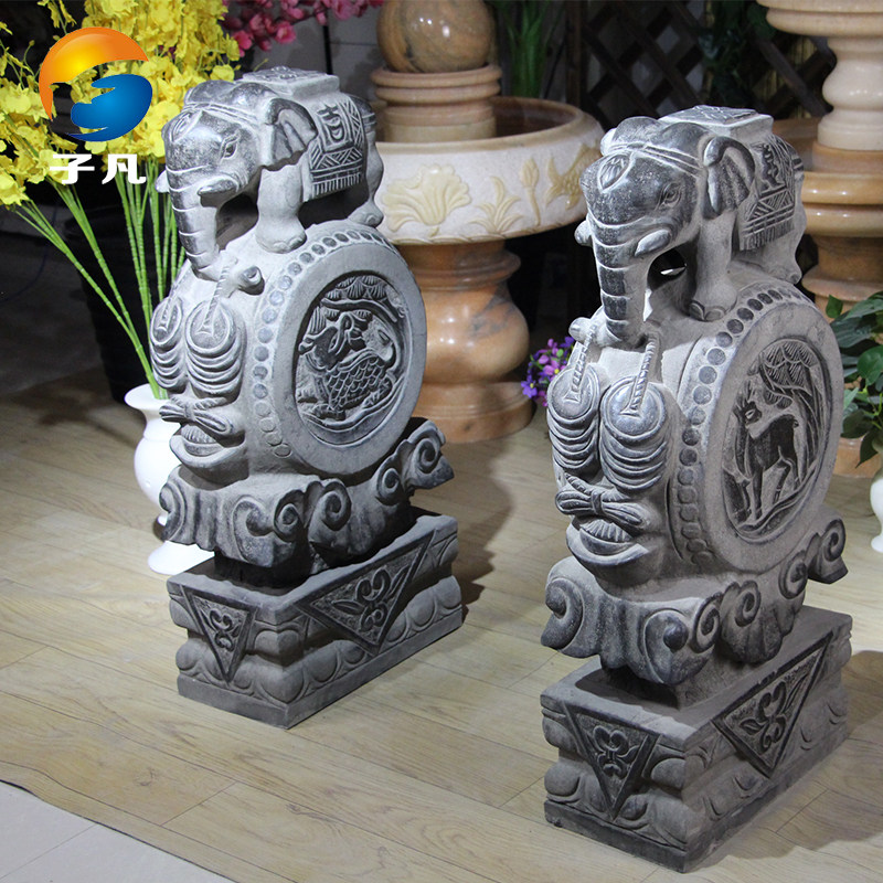 Stone Drum Door Mound Holding Drum Stone Elephant Stone Sculptures Antique Pair of Home Merchants Decorative Courtyard Doorway Green Stone Hem