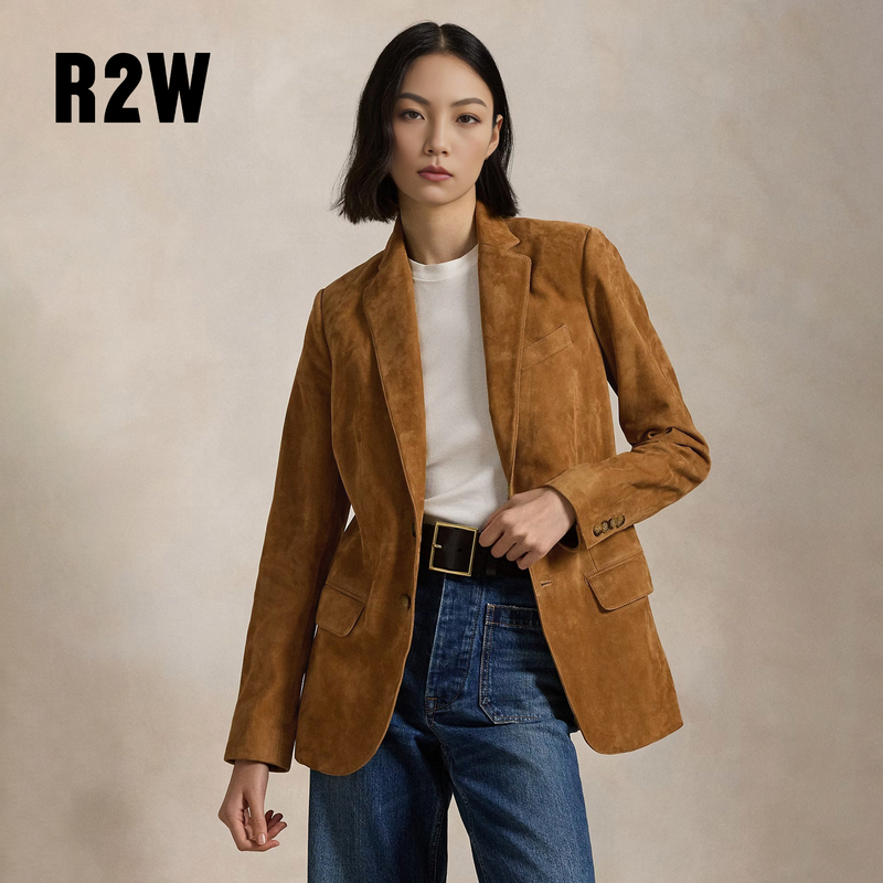 R2W American Retro Yellow-Brown Suede Casual Blazer for Women, Waist-Cinching, High-End Elegant Commuter Blazer