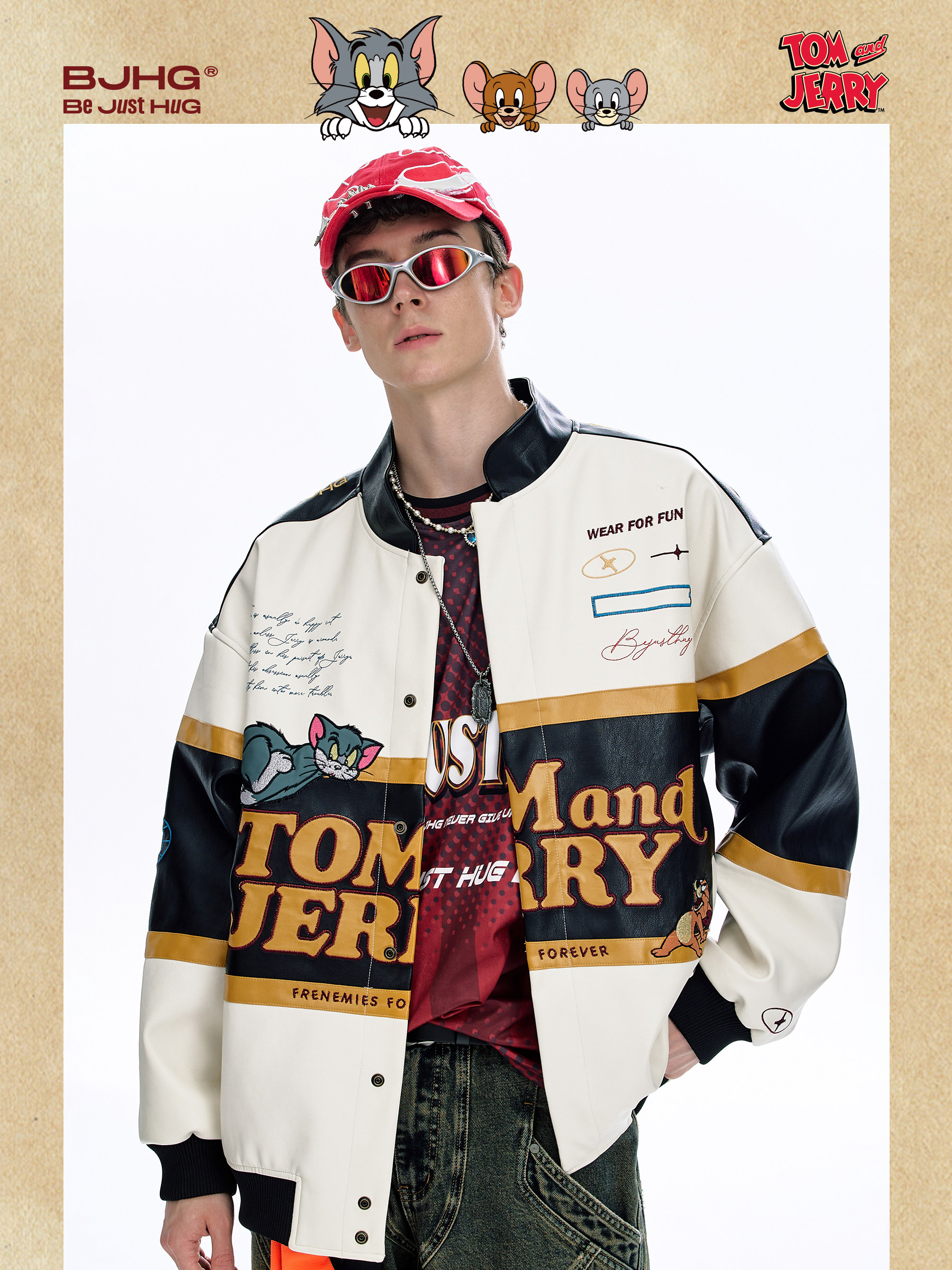 [Tom and Jerry Collaboration] Bjhg Reckless Vintage Leather Jacket for Men, Niche Racing Suit with Leather Inserts for Women