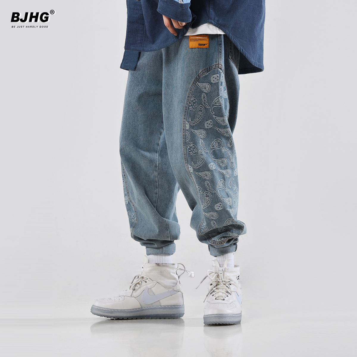 Spring new 2022 waist fruit flower jeans Men's national tide Large size loose street INS 100 lap straight cylinder casual pants