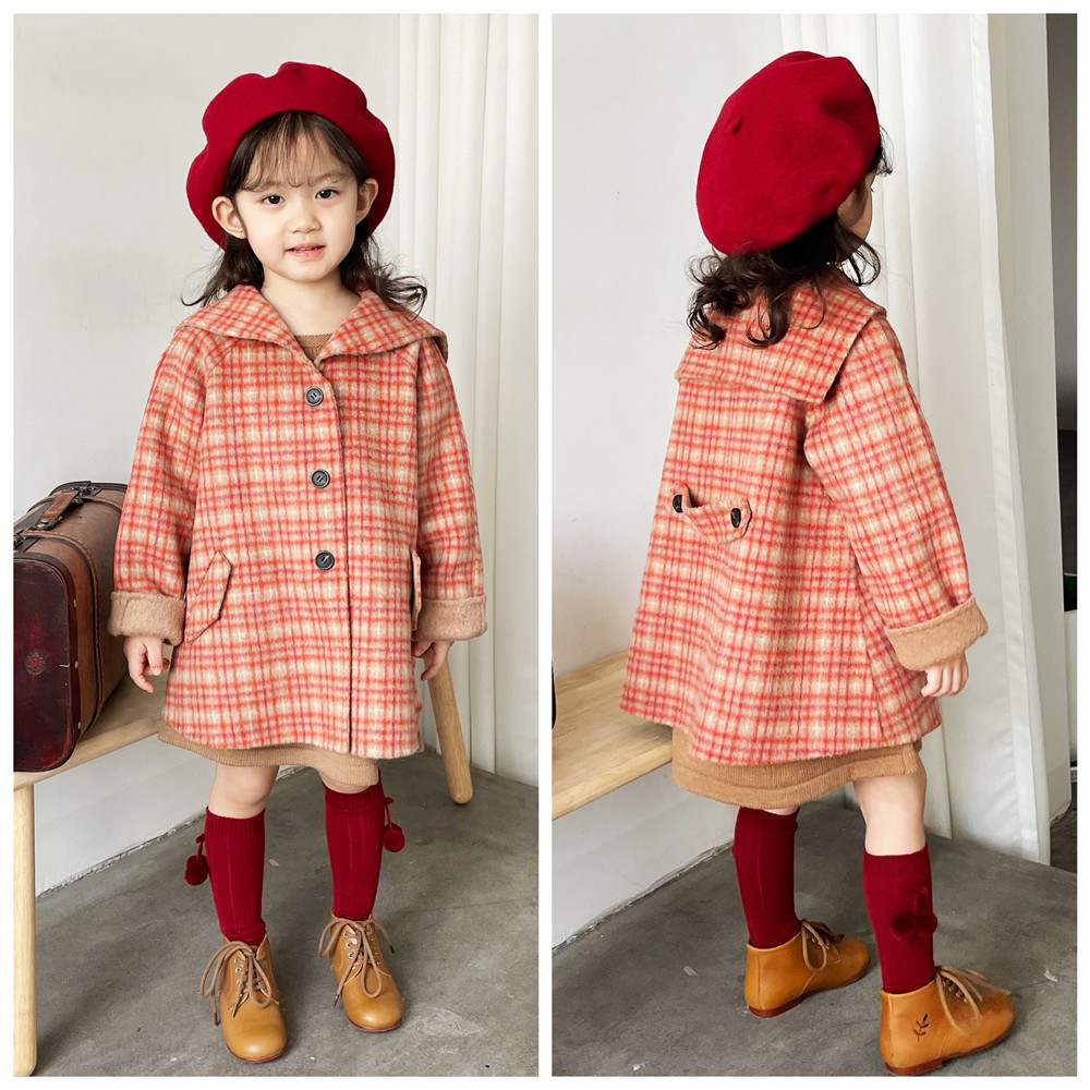 Petit Nez] retro 100% wool bifacial cashmere handmade boy clothing big coat A character red brown grain navy collar