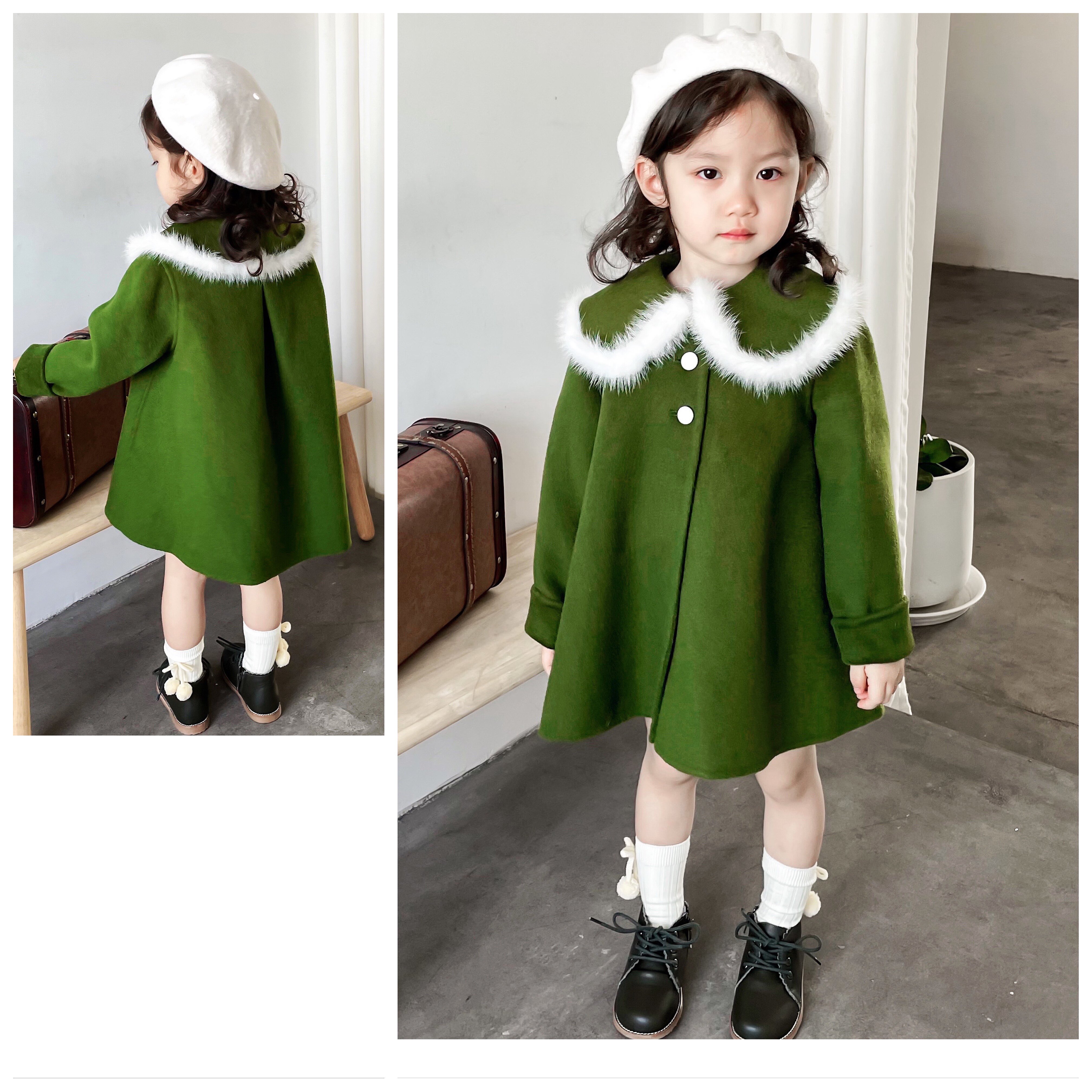 Petit Nez] retro 100% wool double-sided cashmere handmade child clothing Cute green mink fur side coat jacket