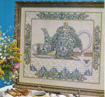 DMC self-served cross-stitch teapot and cake