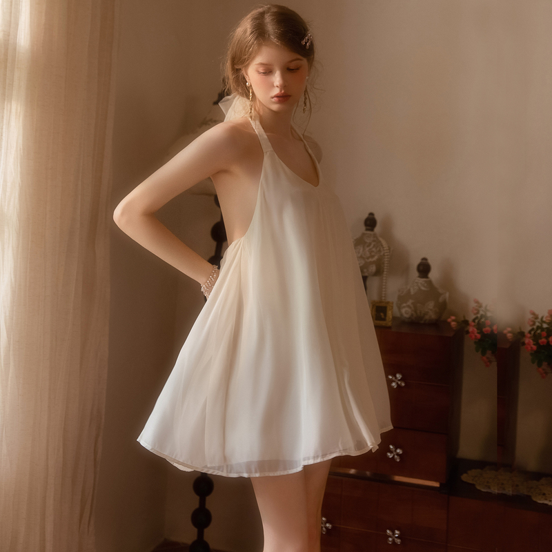 New Style Women's Nightgown with Chest Pads, Pure and Alluring Style, Beautiful Back, Sweet Mesh Satin Halter Strap Nightdress Set