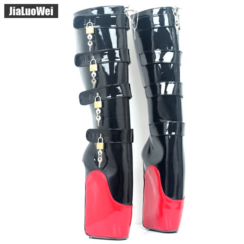 新款拼色芭蕾高跟女王靴大码情趣SM加锁禁锢