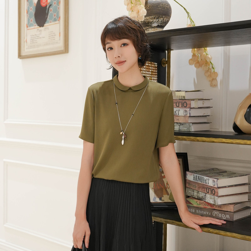 Chongmi Olive Green 23mm Crepe De Chine Mulberry Silk Shirt 2026 Summer Versatile Elegant Top M1C04188 Chongmi Olive Green 23mm Crepe De Chine Mulberry Silk Shirt 2026 Summer Versatile Elegant Top M1C04188