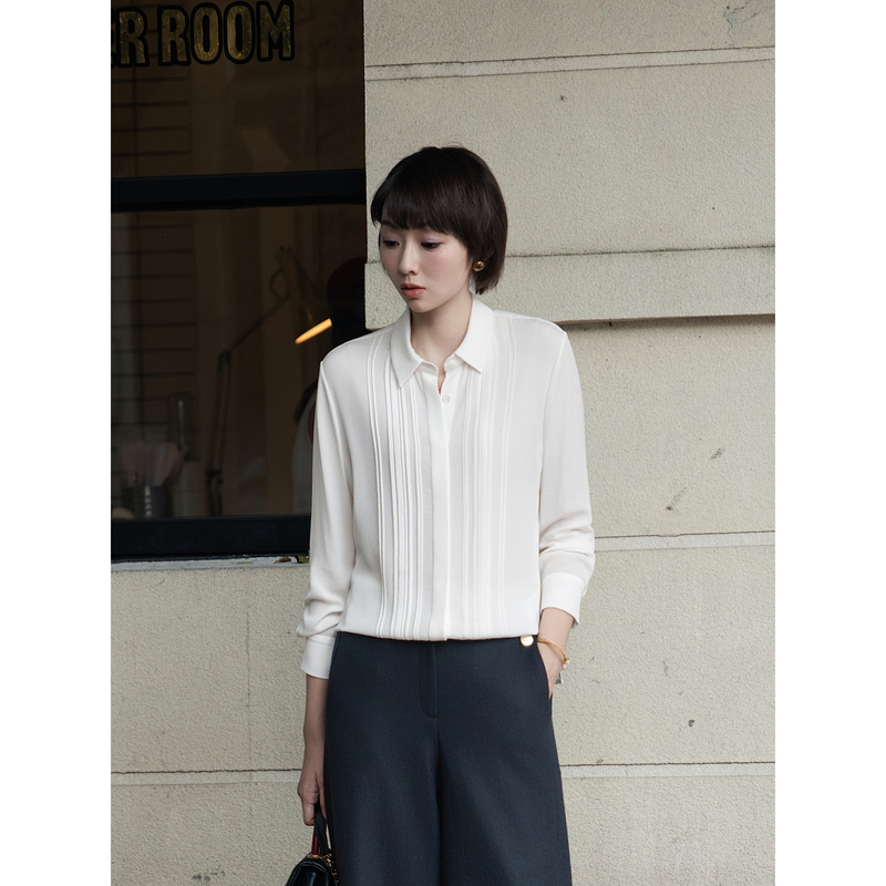 Chongmi White Heavyweight Ghost Crepe 6A Silk Shirt for Women 2026 Autumn New Light Luxury High-End Mulberry Silk Top Chongmi White Heavyweight Ghost Crepe 6A Silk Shirt for Women 2026 Autumn New Light Luxury High-End Mulberry Silk Top