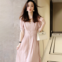  Sandro Svpr dress female 2021 summer new French sweet waist thin temperament V-neck skirt