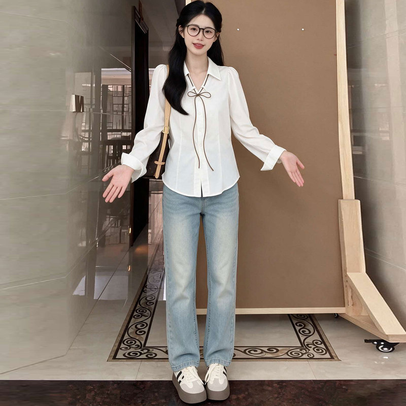 Plus-Size French-Style Bow Tie Shirt for Women, Autumn Long-Sleeve Slim-Fit Design, Versatile for Work and Casual Wear