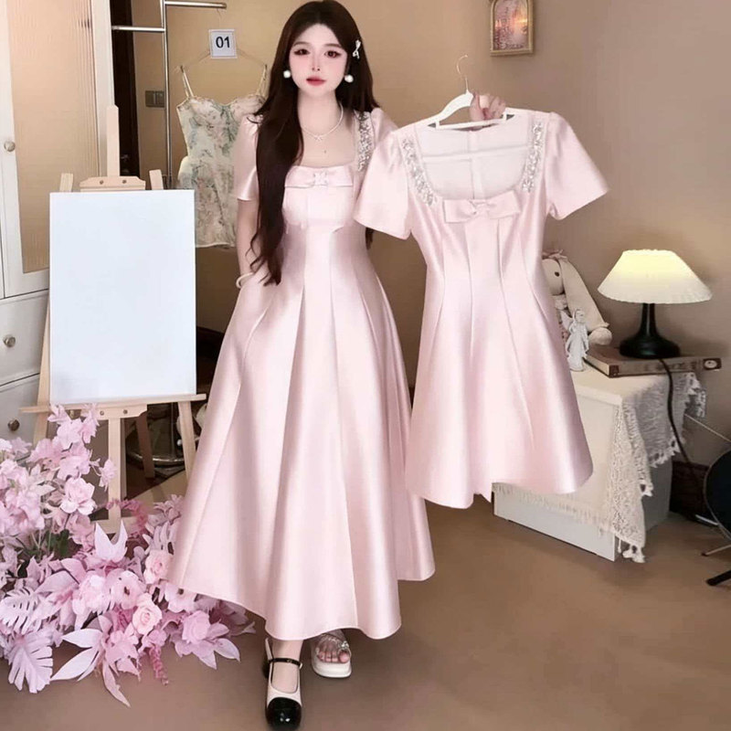 Plus-Size French-Style High-End Pink Dress for Women, Summer Gentle Style with Bow, Waist-Cinching, Slimming Long Dress