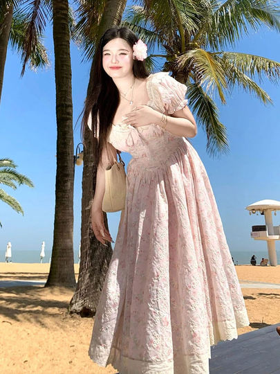 Plus-Size French-Style Floral Puff-Sleeve Dress for Women, Summer, Slimming, Waist-Cinching, High-End, Sweet Long Dress