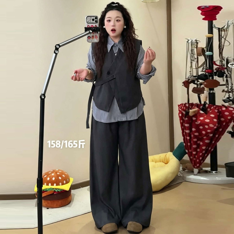 Plus-Size Korean-Style High-End Striped Shirt, Vest, and Wide-Leg Pants Three-Piece Set for Women, Autumn, Slimming and Versatile Outfit for Chubby Women Plus-Size Korean-Style High-End Striped Shirt, Vest, and Wide-Leg Pants Three-Piece Set for Women, Autumn, Slimming and Versatile Outfit for Chubby Women