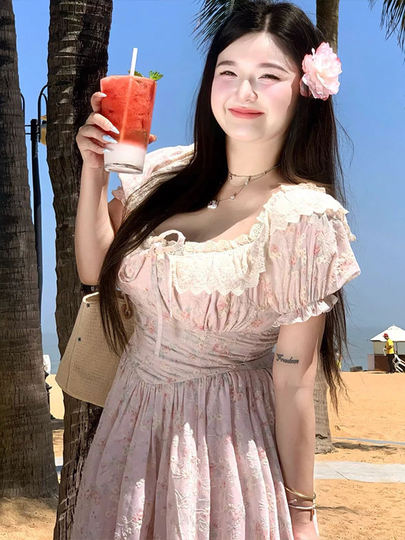 Plus-Size French-Style Floral Puff-Sleeve Dress for Women, Summer, Slimming, Waist-Cinching, High-End, Sweet Long Dress