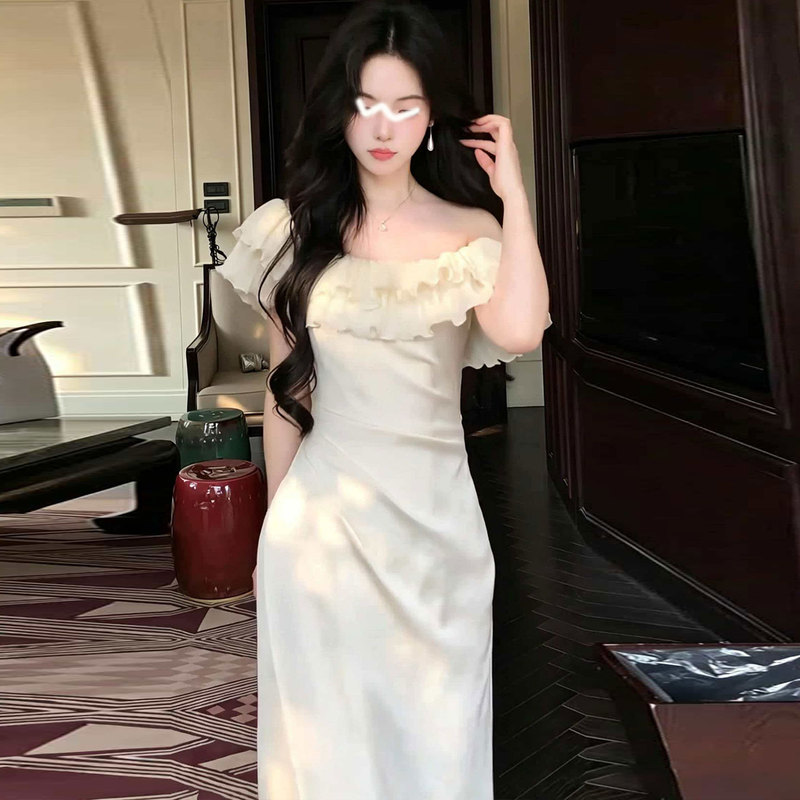 Plus-Size French-Style Elegant Off-Shoulder Ruffle Dress for Women, Summer Off-White Waist-Cinching Slimming Long Dress