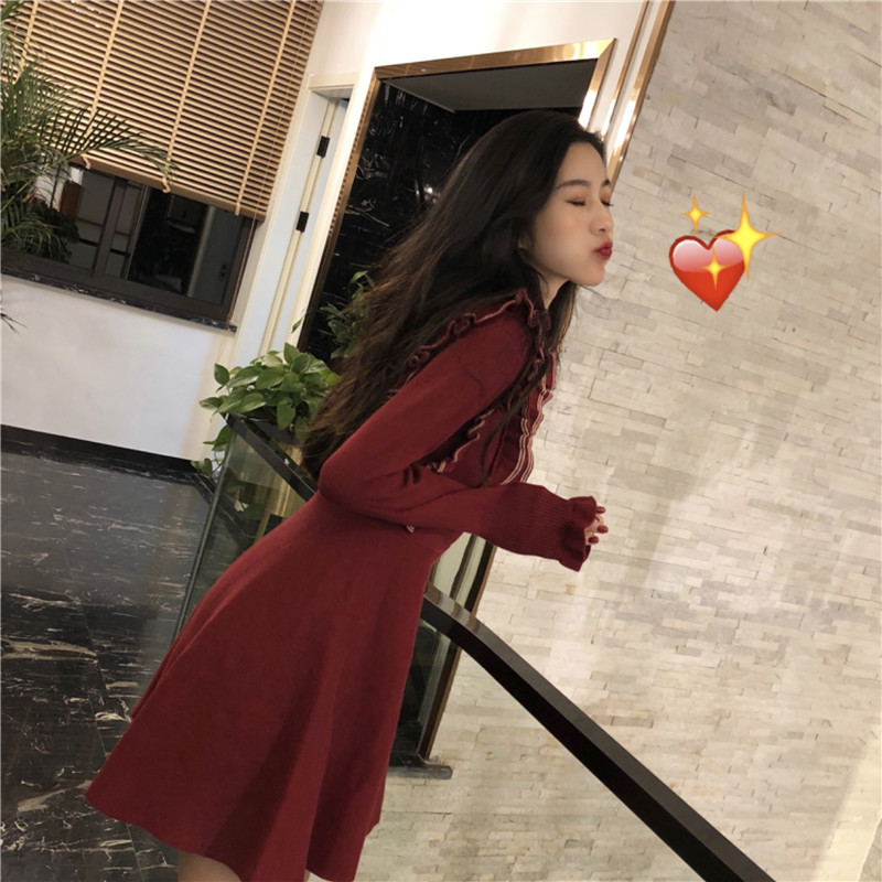 DABI 韓系荷葉邊收腰顯瘦針織長袖洋裝 DABI 韓系荷葉邊收腰顯瘦針織長袖洋裝