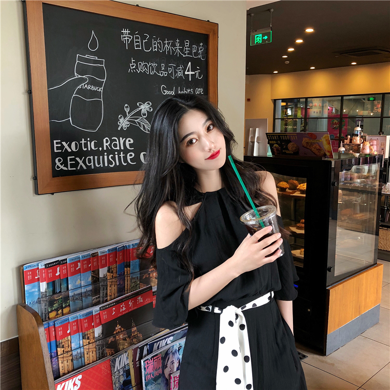 VK旗艦店 韓系露肩波點收腰系帶連身褲套裝短袖褲裝