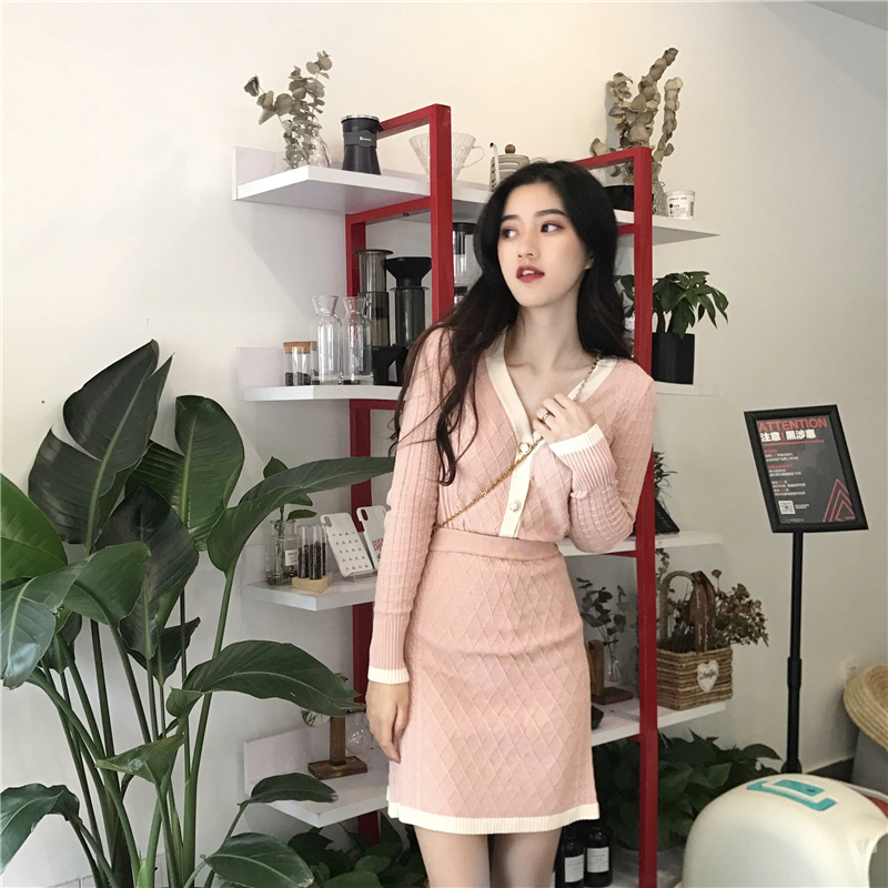 VK旗艦店 韓國小香風氣質甜美針織套裝長袖裙裝