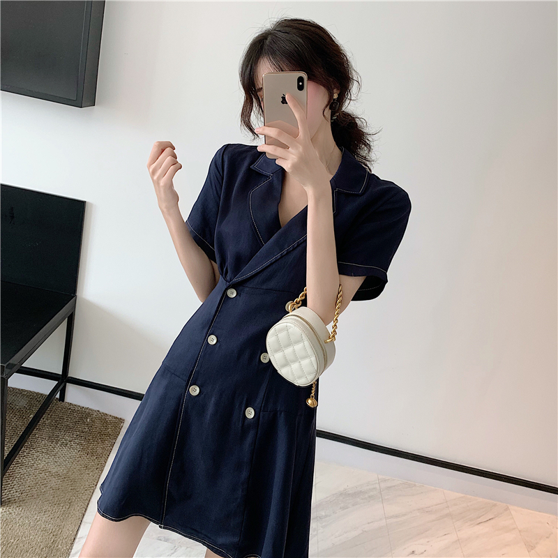 VK旗艦店 韓國風V領復古排扣時尚短袖洋裝