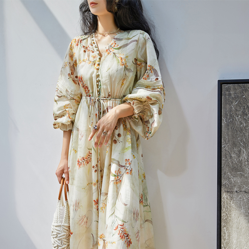 New Printed Holiday-Style Stunning Dress with a Gentle Summer Niche Design, Waist-Cinching, Elegant and Slimming Long Dress