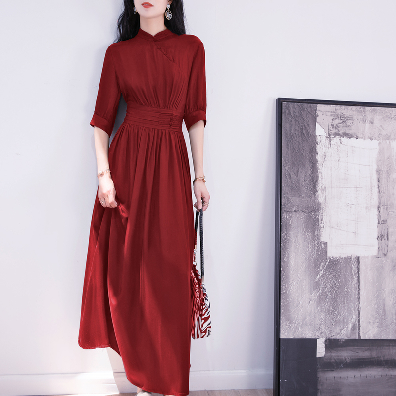 New Chinese-Style Red Stunning Copper Ammonia Silk Long Dress for Women, Summer High-End Waist-Cinching Slimming Engagement A-Line Long Dress