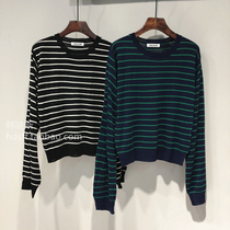2021 autumn dress Korean ulzzang new horizontal stripe slim Joker Lodge sleeve short sweater top women