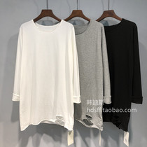2020 autumn solid color loose Han Fan cut the long section of the bottom missing hole long-sleeved T-shirt base shirt womens tide