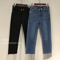 21 Autumn European station diagonal buckle high waist slim trousers wool edge elastic nine-point jeans pipe pants straight pants women