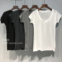 Classic wild V-neck T-shirt summer solid color anti-wear design simple casual short-sleeved cotton T-shirt base shirt women