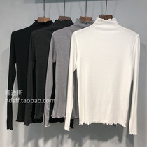 2021 spring South Korea TH new solid color slim slim wooden ear edge half high collar long-sleeved T-shirt base shirt women