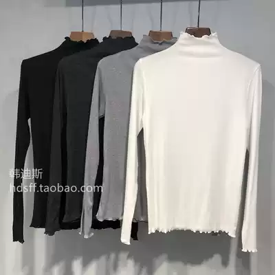 2021 spring dress Korea TH new solid color slim wooden ear half high collar long sleeve T-shirt base shirt Women