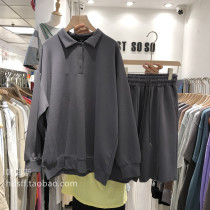 Autumn new solid color loose long polo shirt elastic waist five-point pants casual sports suit women