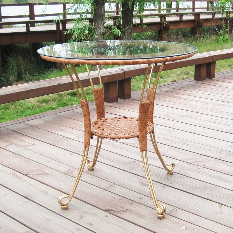 Villa garden tea table wrought iron rattan tea table hand-woven tempered glass small round table direct sale balcony courtyard