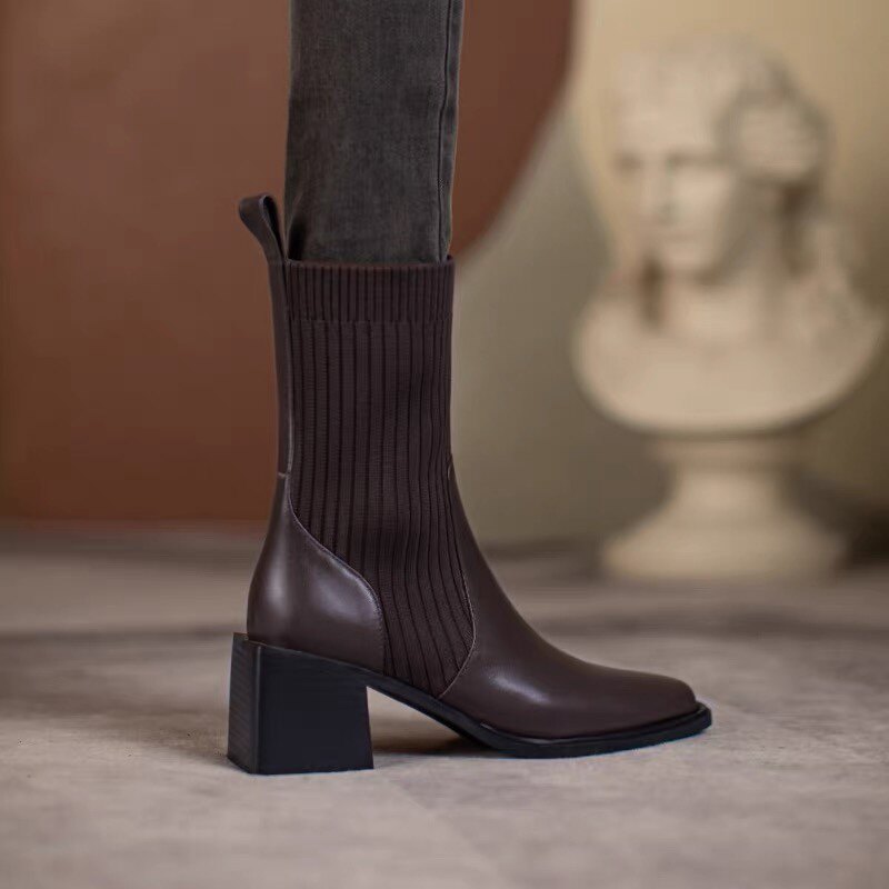 Ann it super thin ~ autumn and winter new leather thick heel ankle boots women's square head socks boots high heels 6CM