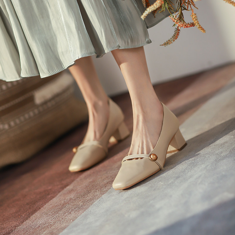 ann it is about not simple ~ 2022 thick heel with gentle square head retro shallow mouth soft high heel shoe 4 5cm
