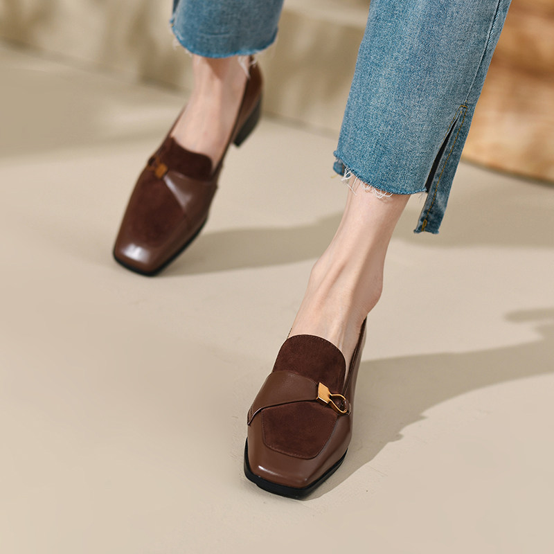 ann it shows the perfect you~ square toe loafers women's new all-match small leather shoes chunky heel shoes 4 5cm