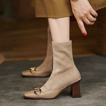 Ann it high heels on the feet beauty boots womens new metal buckle square toe ankle boots thick heel zipper skinny boots 6 5cm