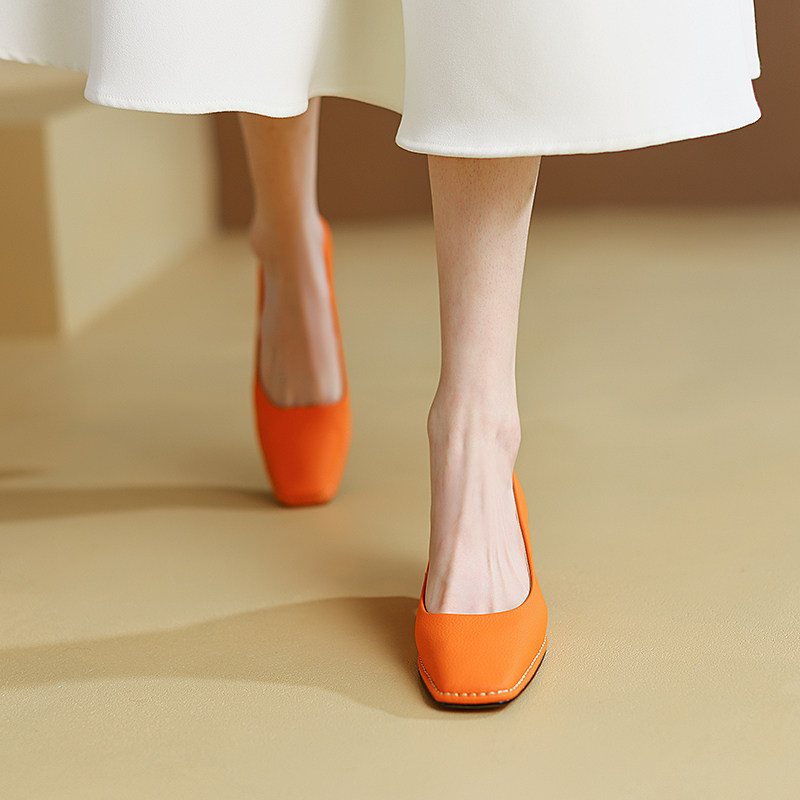 ann it sexy explicit with ~ 2022 high heel shoes women genuine leather orange orange single shoes female square head coarse heel 5 5CM
