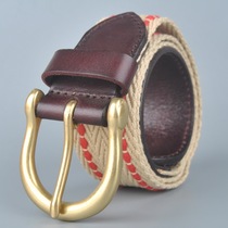 POLO men casual belt leather canvas splicing belt head layer cowhide belt earthen yellow canvas