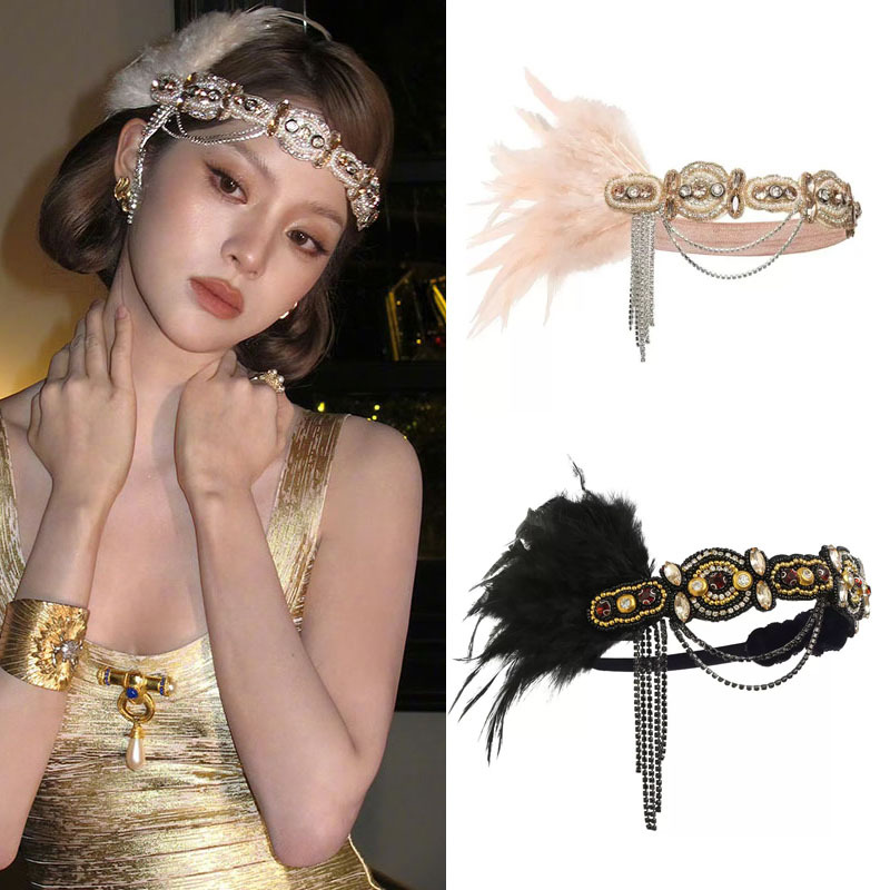 Ouyang Nana's Same Style Gatsby Rhinestone Tassel Headband Hair Accessory Prom Dress Feather Ethnic Style Retro Headpiece