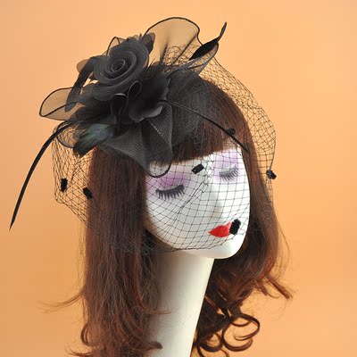 Wedding Party Hats Euro-American Retro Veil Hair Gauze Feather Head Flower Top Hat Pin Black and White Hair Card