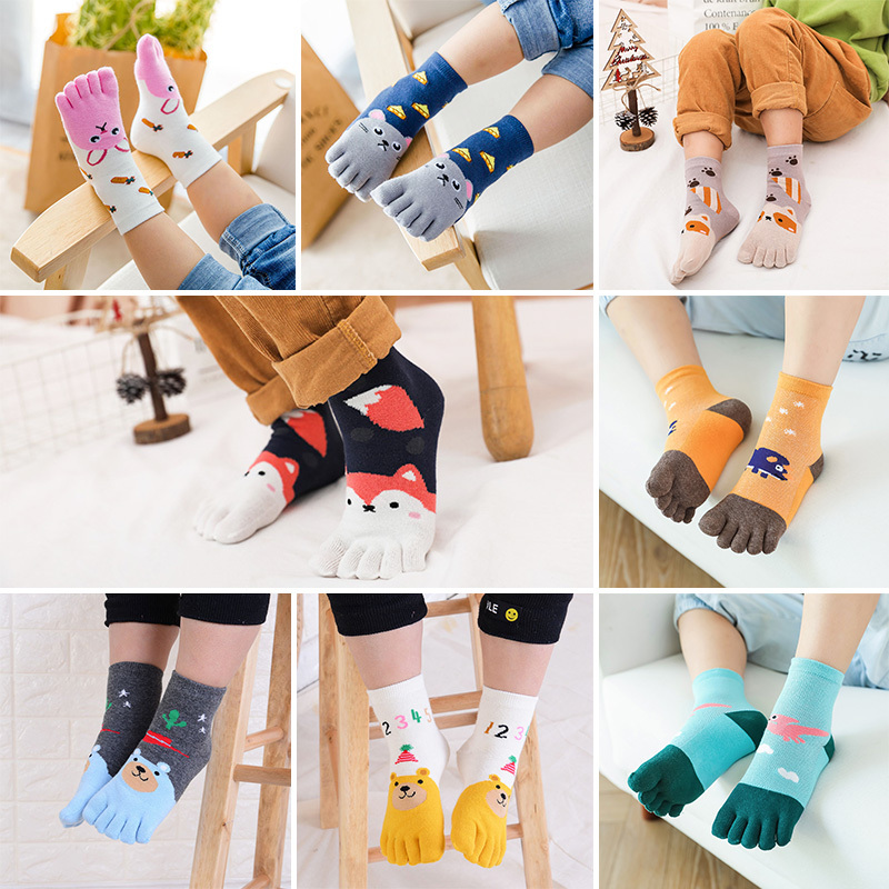 Spring, Autumn and Winter Kidsren's Pure Cotton Mid-Calf Five-Toe Socks for Boys and Girls, Corrective Toe Socks, Cartoon Cute Split-Toe Socks