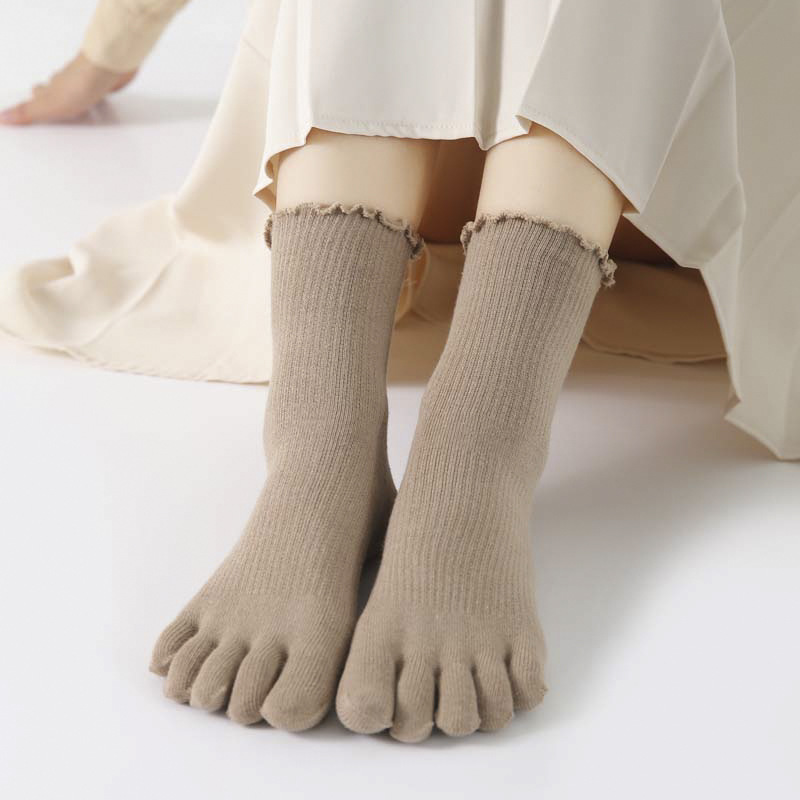 Autumn and Winter Five-Toe Socks for Women, Mid-Calf Pure Cotton Women's Socks with Toes, Slouch Socks with Ruffled Edges, Loose Socks for Women, Toe Socks