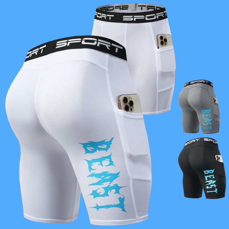 Men's Fitness Pants, Sports Compression Shorts, Summer Running Training Compression Pants with Pockets, Elastic Leggings