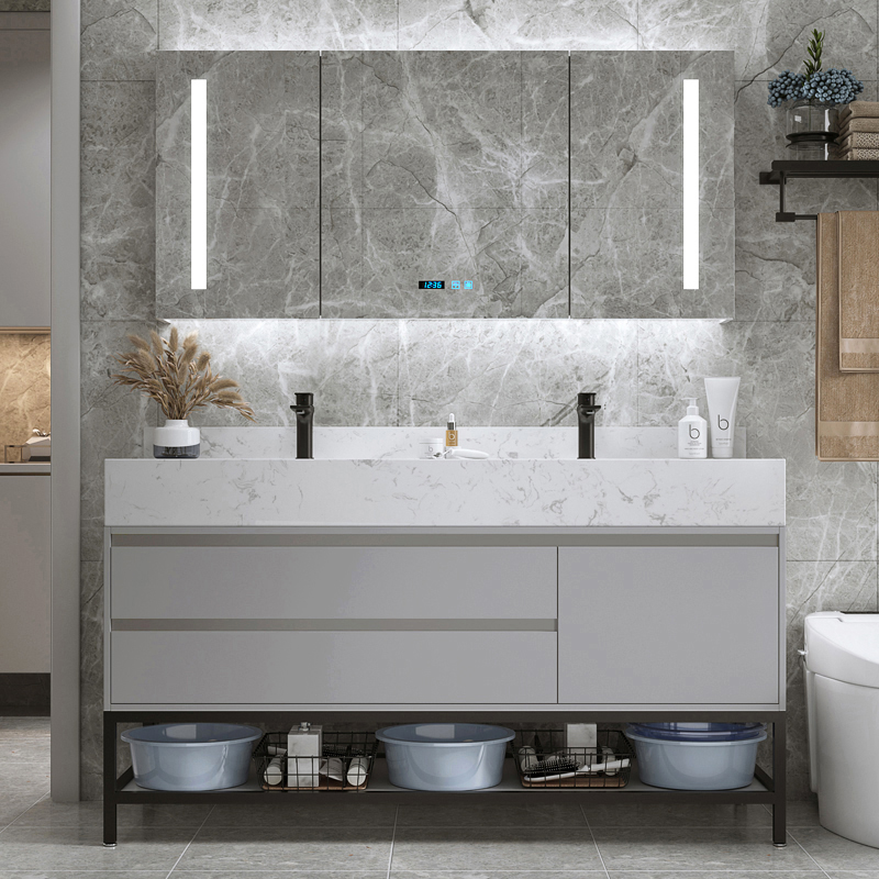 Modern minimalist double trough washbasin rock plate integrated bath cabinet combined floor type wash-face wash basin washing table basin make-up room