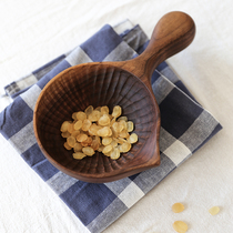 Black walnut bowl with handle water scoop tea bowl solid wood fruit plate soup bowl handmade paint free wooden bowl