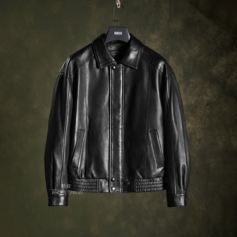 Uncle Te's Hong Kong Style Short Sheepskin Men's Genuine Leather Jacket with a Turn-Down Collar, Casual and Fashionable Outerwear, Biker Jacket for Autumn and Winter