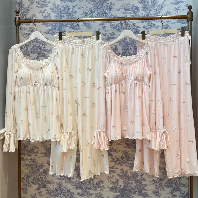 2026 Spring/Summer New Soft Ice Cream All-Over Print Butterfly Rabbit Long Sleeve Long Pants Women's Homewear Pajama Set